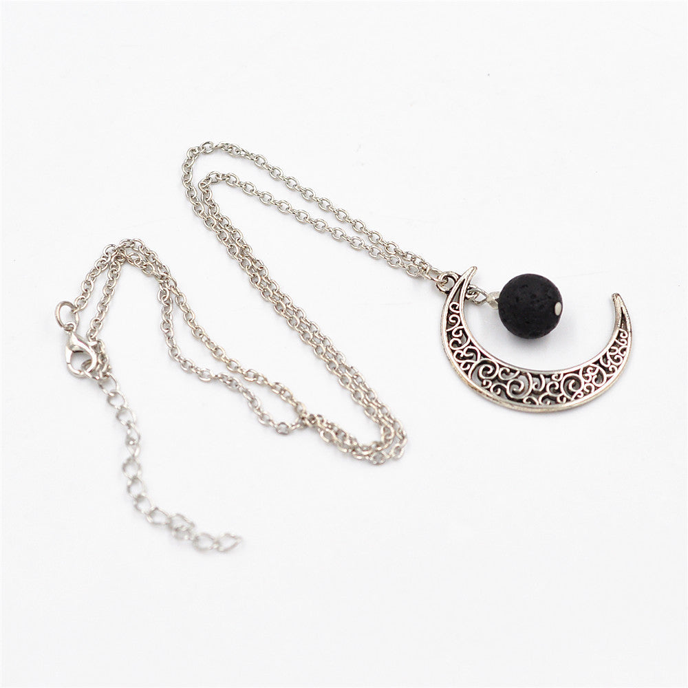 Volcanic Stone 14mm Agate Buddhist Bead Moon Pendant Necklace