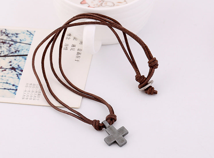 Simple Retro Cross Cowhide Necklace