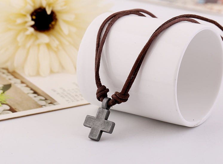 Simple Retro Cross Cowhide Necklace