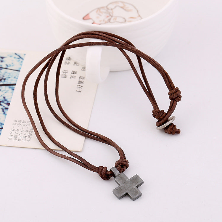 Simple Retro Cross Cowhide Necklace