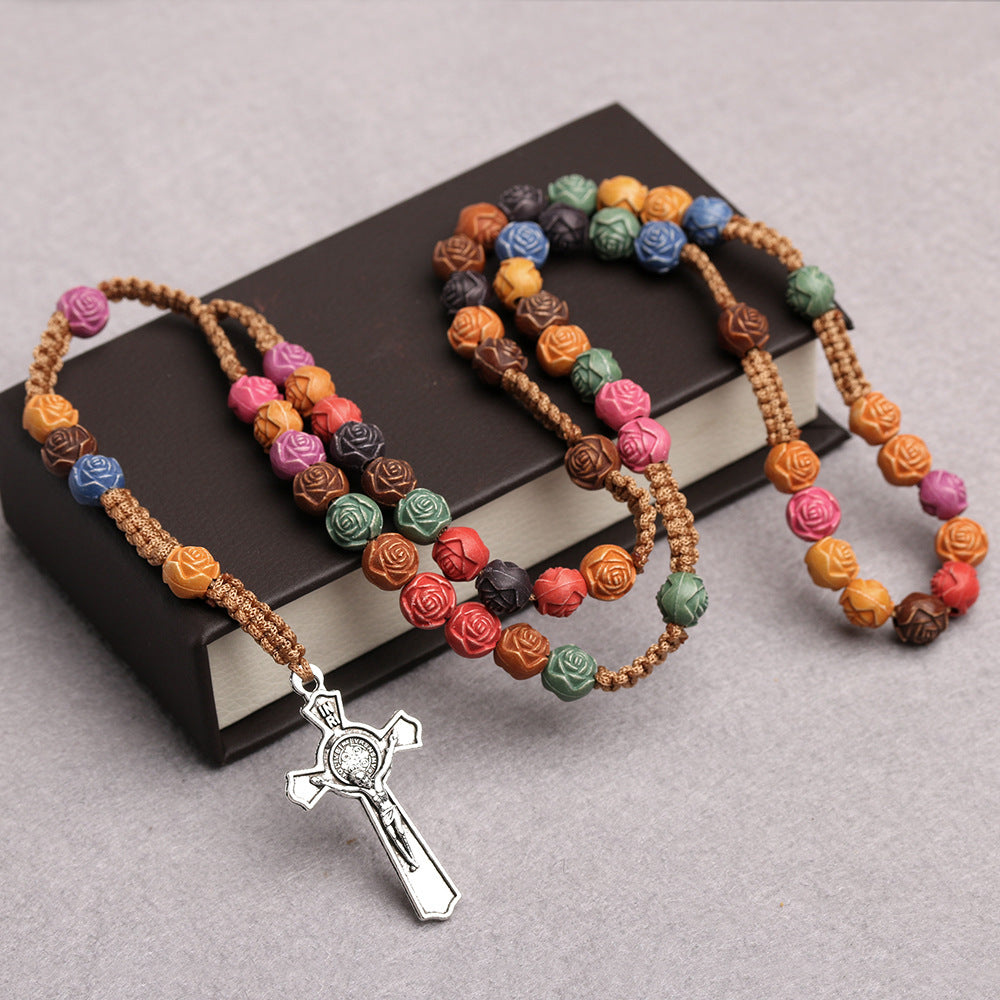 God Rose Plastic Beads Prayer Color Cross Necklace