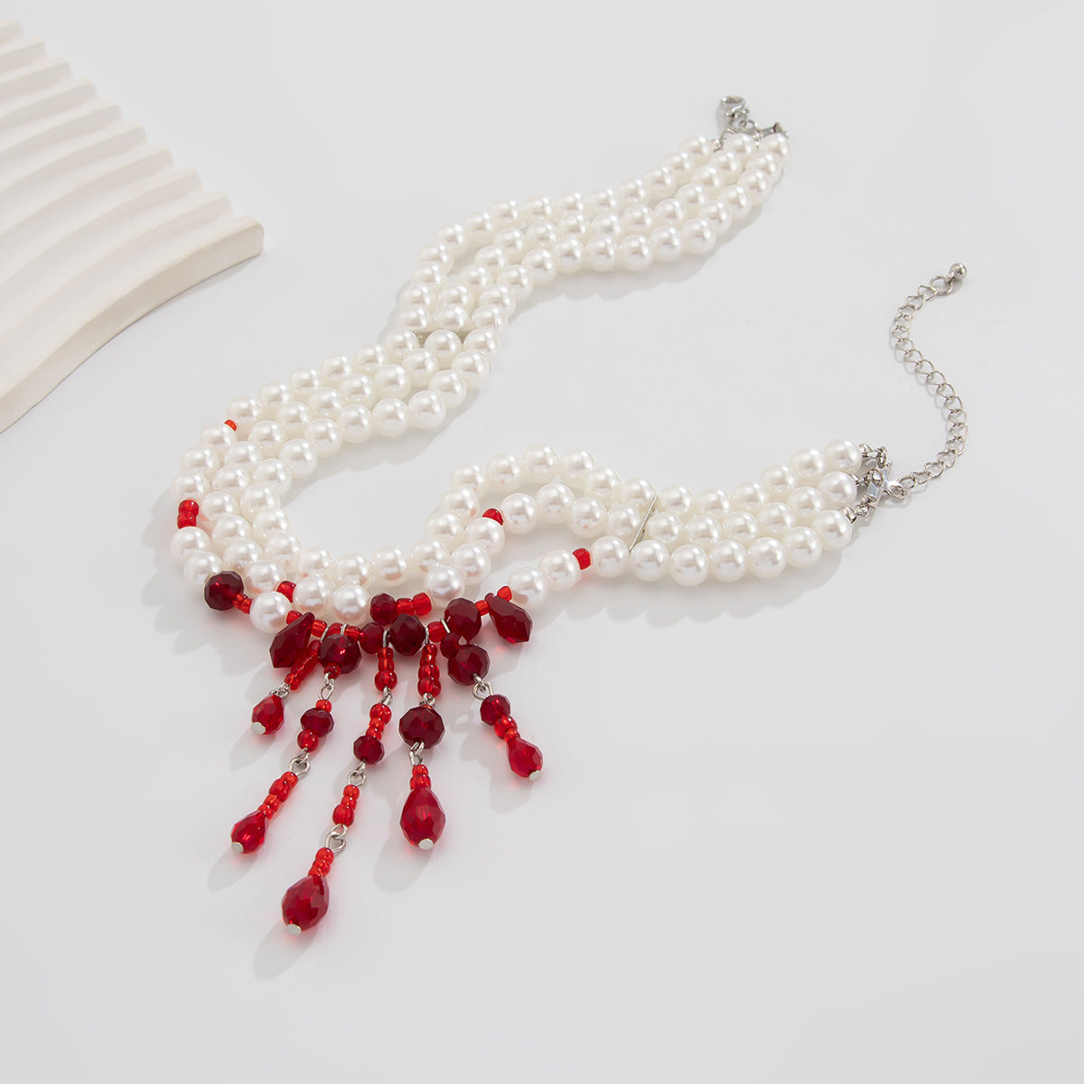 Halloween Blood Drop Tassel Pearl Crystal Necklace