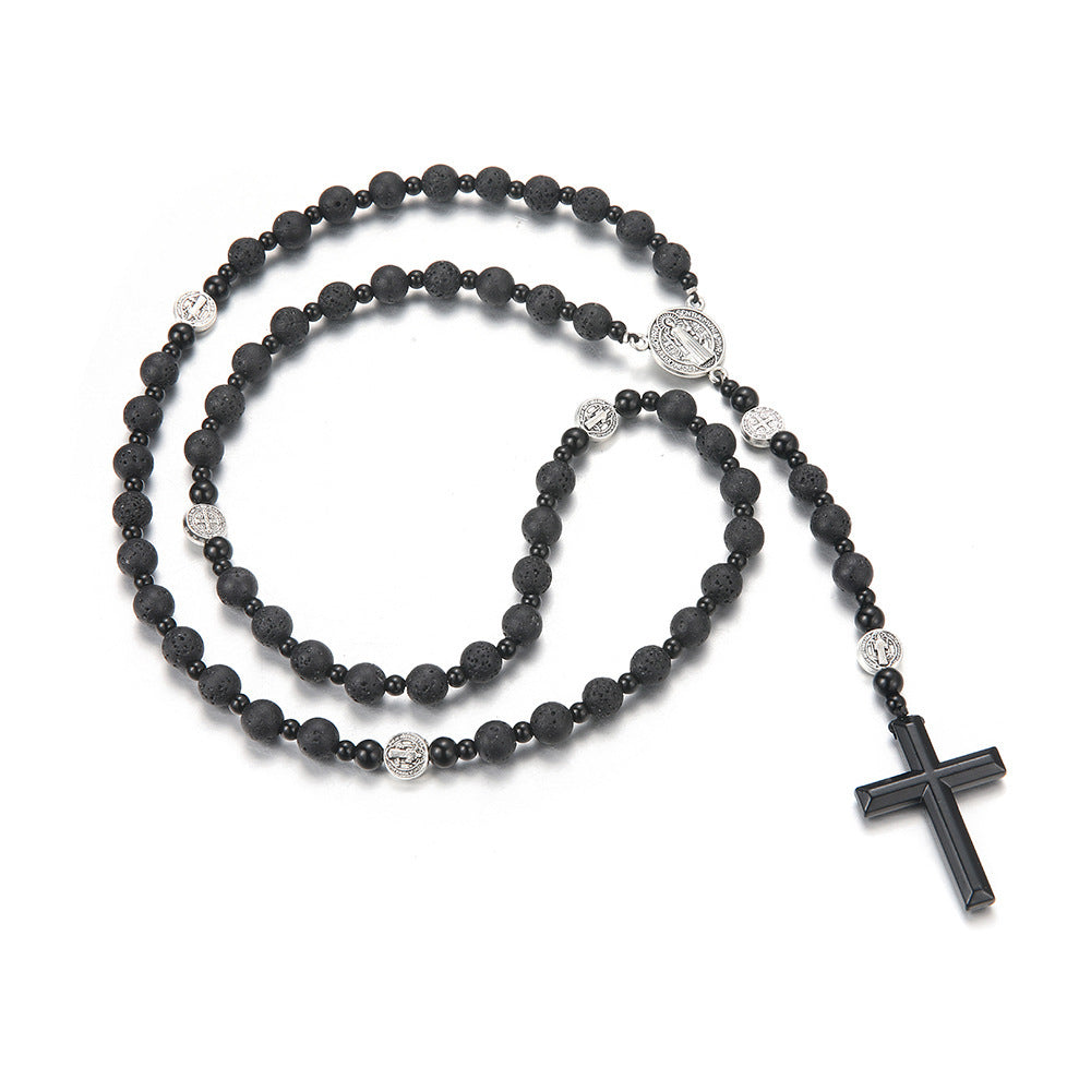 Volcanic Rock Haematite Cross Necklace