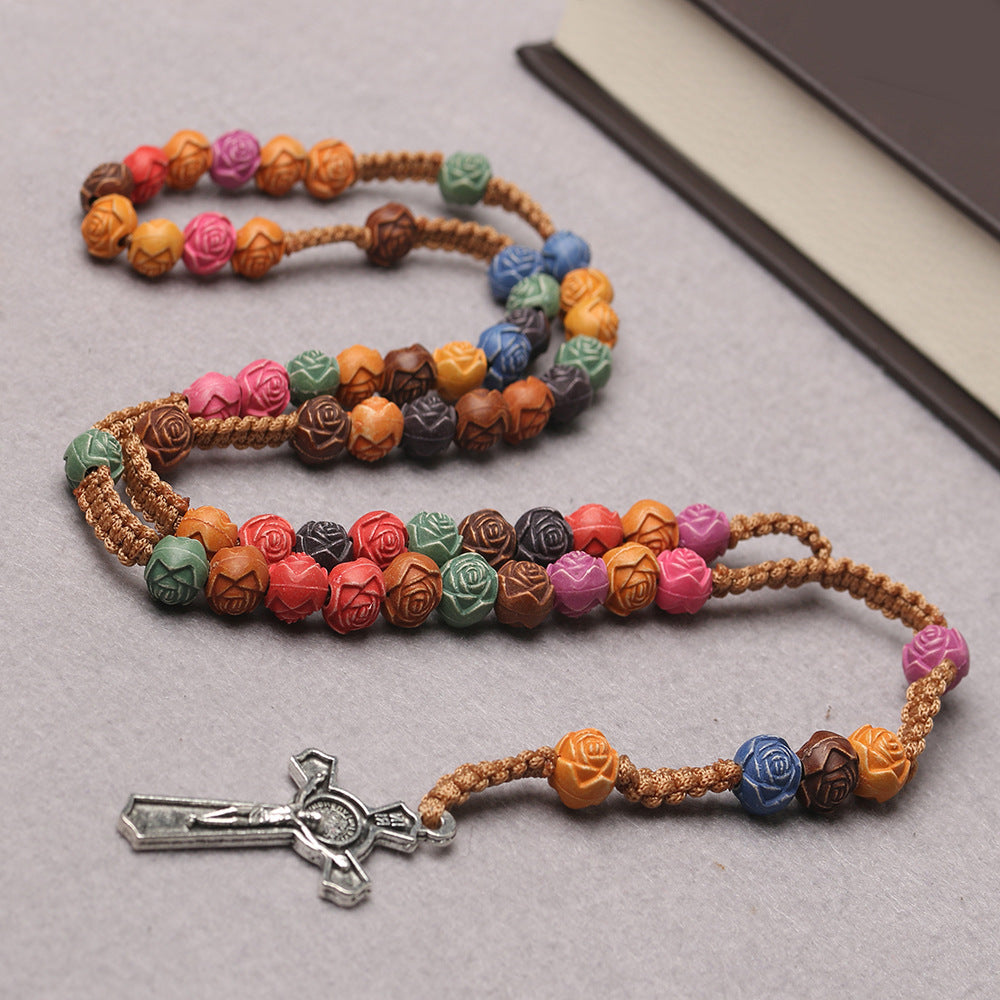 God Rose Plastic Beads Prayer Color Cross Necklace