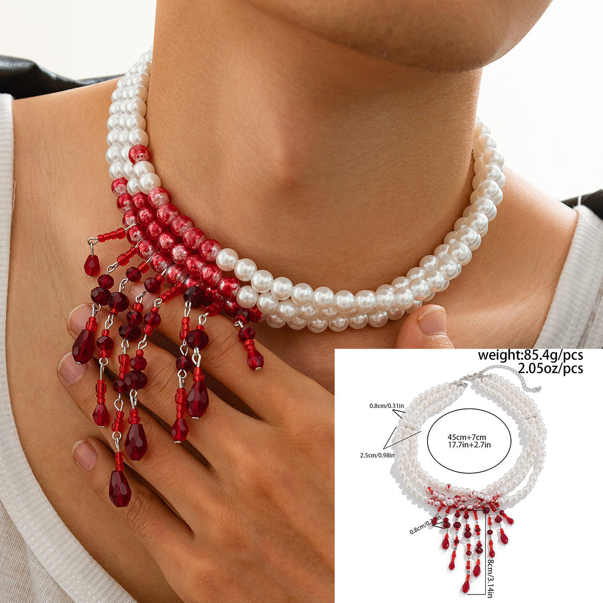 Halloween Blood Drop Tassel Pearl Crystal Necklace