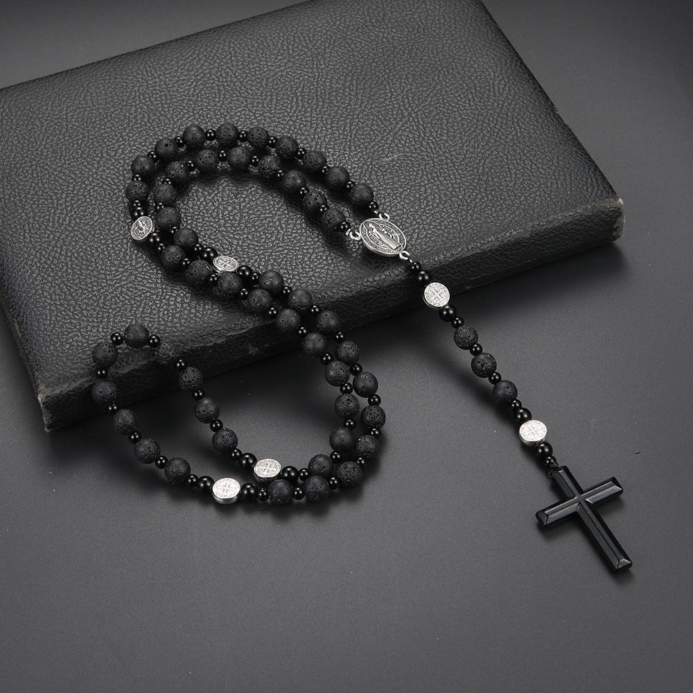Volcanic Rock Haematite Cross Necklace