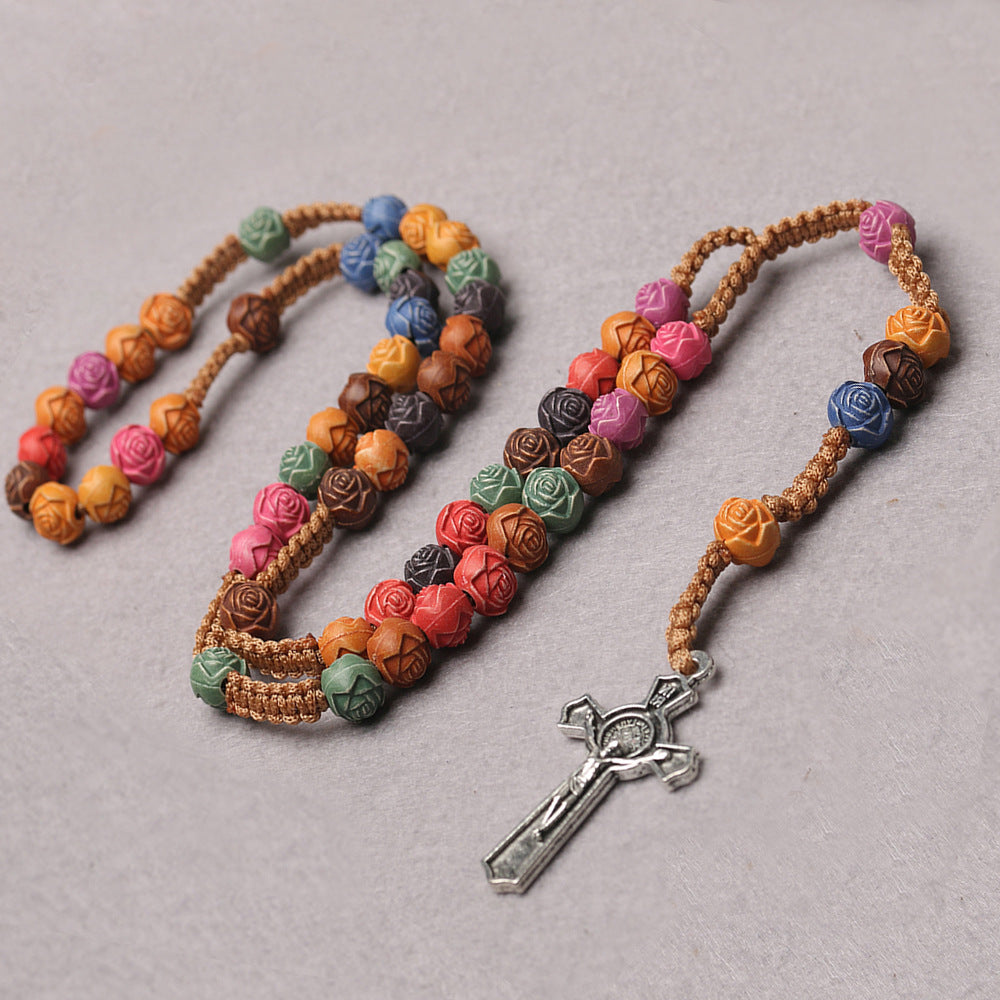 God Rose Plastic Beads Prayer Color Cross Necklace