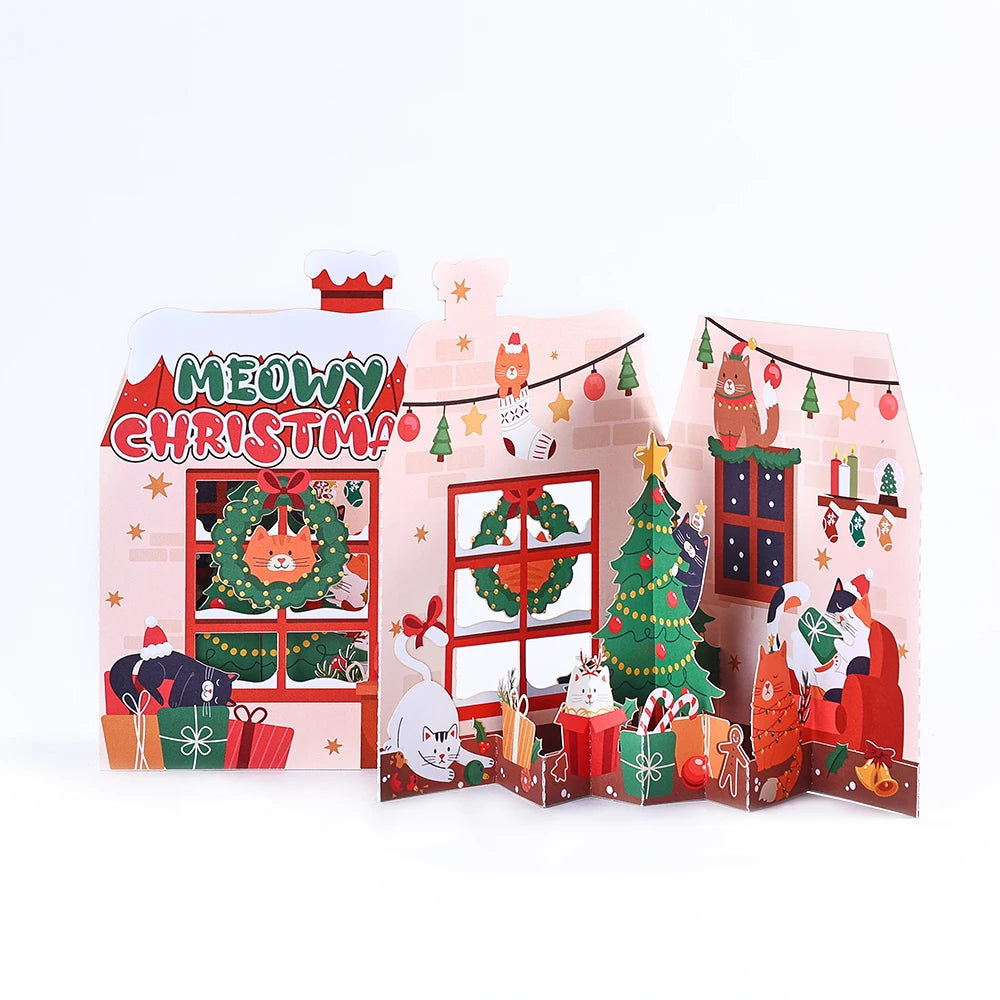 Christmas Tree Greeting Cards Cat Xmas Party Three-dimensional Pop Up Card 3D Postcard With Envelope Holiday Supplies