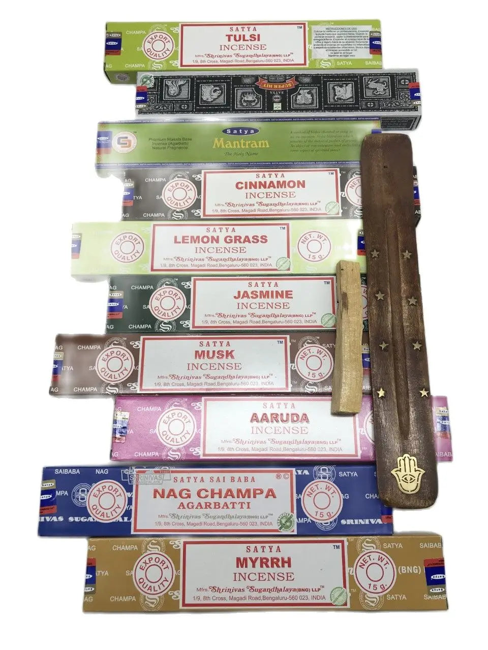 Satya Assorted Incense Various Fragrances + Palo Santo and Meditation Gift Burner Tablet + Nag Champa+ Agarbatti Goloka Handmade Natural Therapies + Vanilla + Sandalwood Are Served 10 Different Boxes