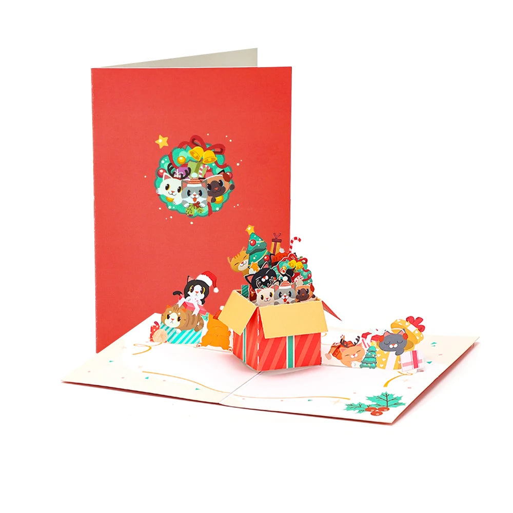 Christmas Tree Greeting Cards Cat Xmas Party Three-dimensional Pop Up Card 3D Postcard With Envelope Holiday Supplies