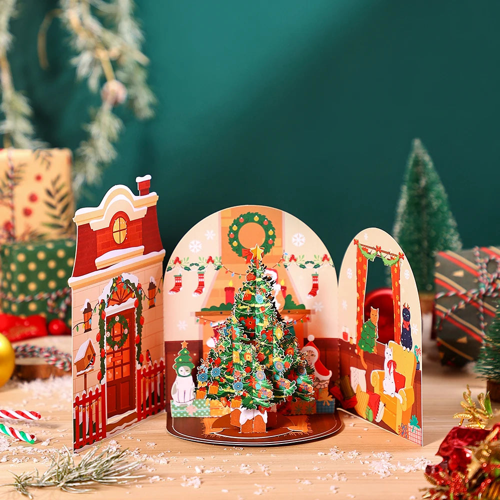 Christmas Tree Greeting Cards Cat Xmas Party Three-dimensional Pop Up Card 3D Postcard With Envelope Holiday Supplies