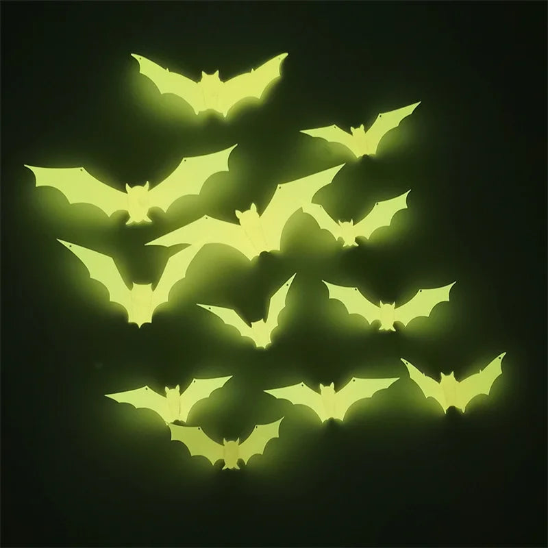 12Pcs/Set 3D Luminous Bat Wall Stickers Halloween Party Decoration PVC Stickers Living Room Window Home Decor Wall Decals Glow