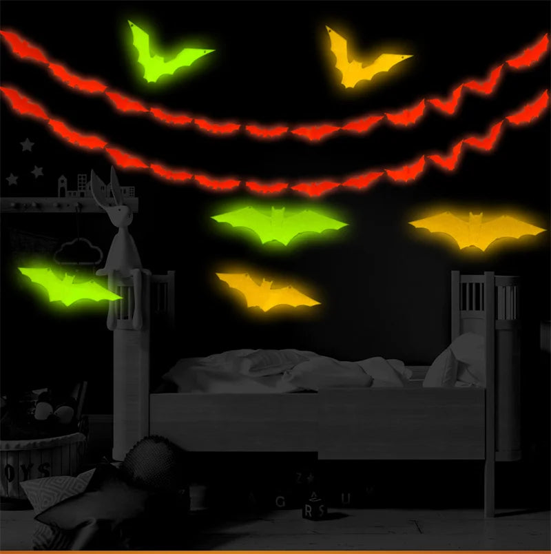 12Pcs/Set 3D Luminous Bat Wall Stickers Halloween Party Decoration PVC Stickers Living Room Window Home Decor Wall Decals Glow