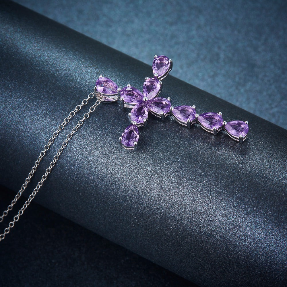 Real Solid 925 Sterling Silver Cross Pendant for Men and Women Simple Design Amethyst Pendants Jesus Christ Jewelry Bohemia