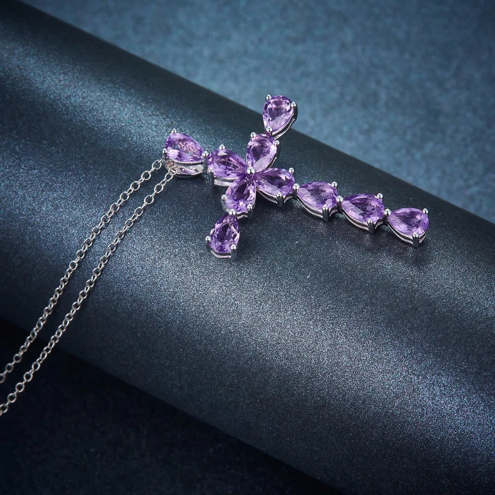 Real Solid 925 Sterling Silver Cross Pendant for Men and Women Simple Design Amethyst Pendants Jesus Christ Jewelry Bohemia