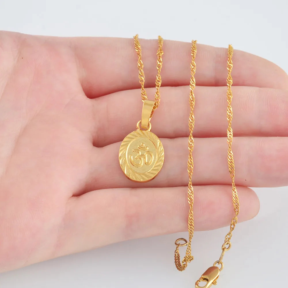 Anniyo  Hindu Buddhist  OM Necklace Hinduism Yoga India Outdoor Sport Gold Color Yoga Jewelry Women #024806