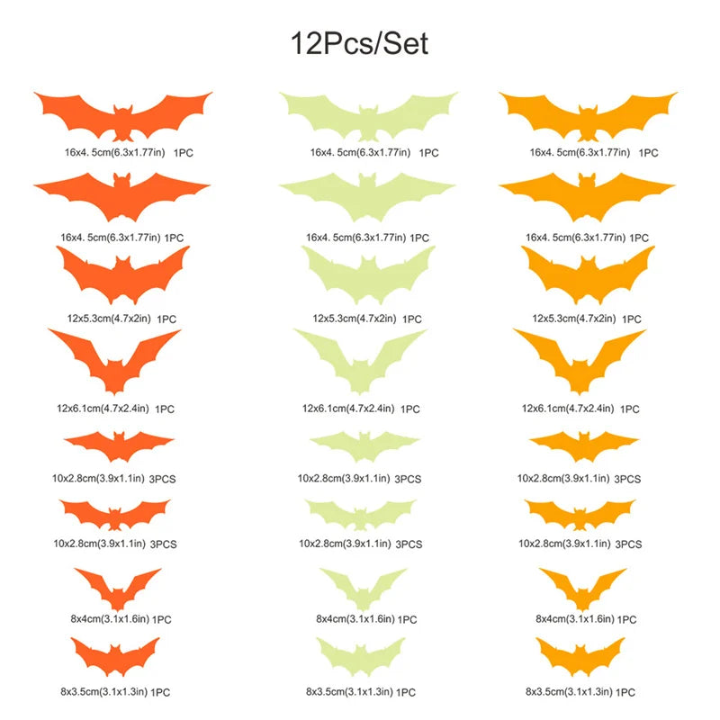 12Pcs/Set 3D Luminous Bat Wall Stickers Halloween Party Decoration PVC Stickers Living Room Window Home Decor Wall Decals Glow