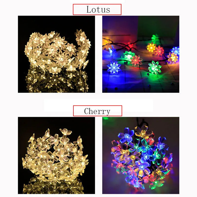 5-12m Led Solar String Lotus Sakura Flower Cherry Flower Lights LED Outdoor Waterproof Festival Garden Decorative Lights