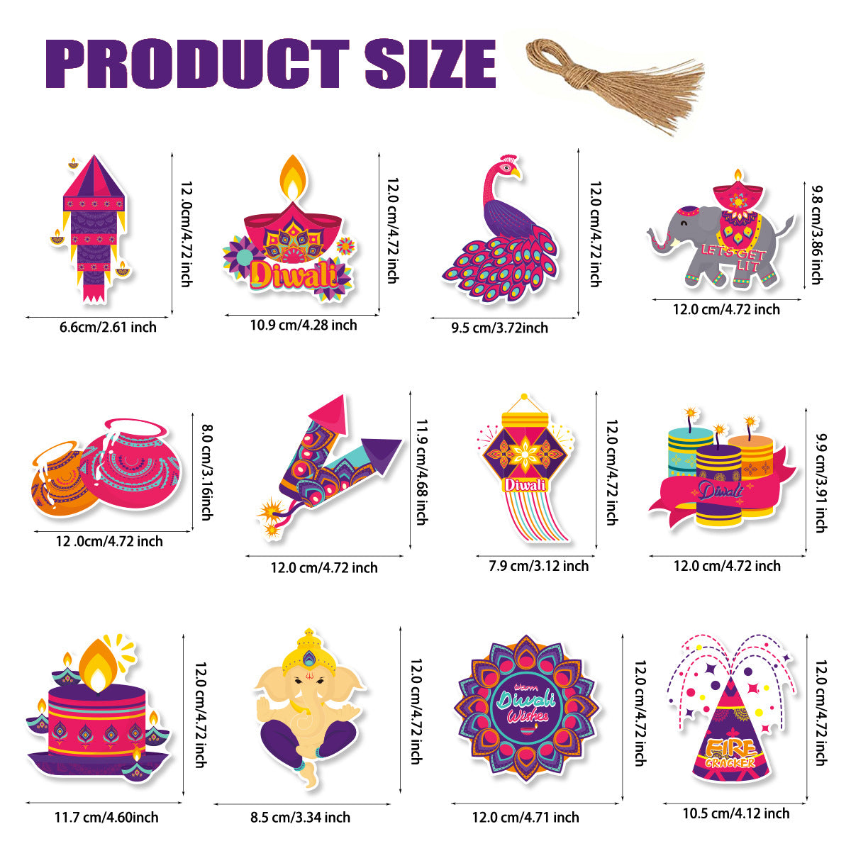 12Pcs/Bag Happy Diwali Theme Paper Tree Pendant Banner Hangers Background for India Diwali Festival Party Decoration