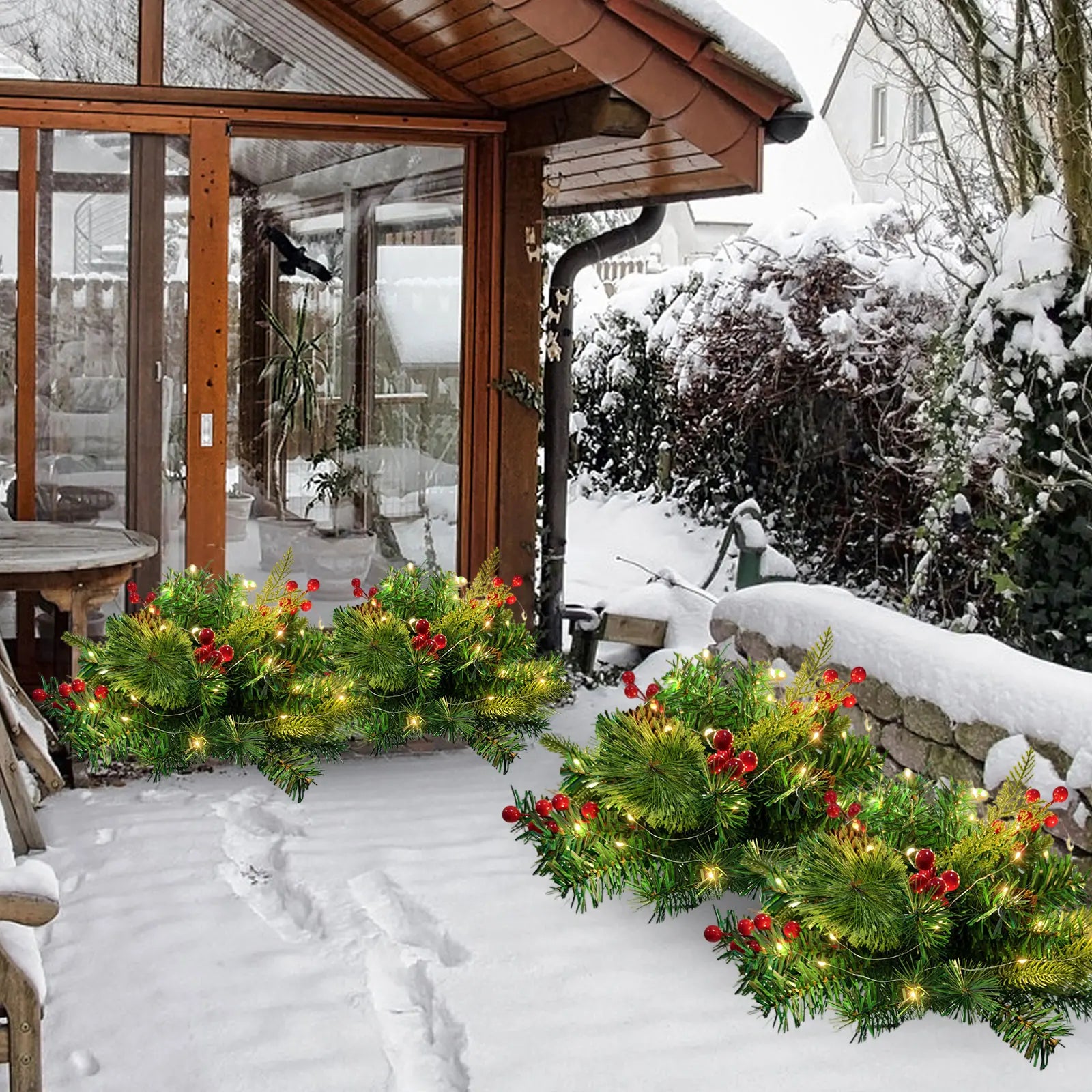 Christmas Outdoor Simulation Of The Courtyard Decorated With Glowing Needles And Red Garden Orranment Christmas Holiday Decor