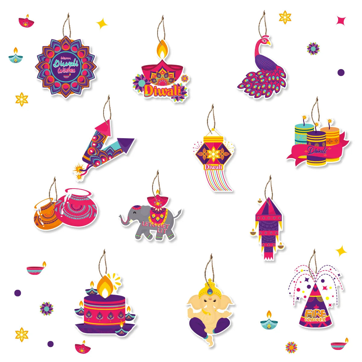 12Pcs/Bag Happy Diwali Theme Paper Tree Pendant Banner Hangers Background for India Diwali Festival Party Decoration