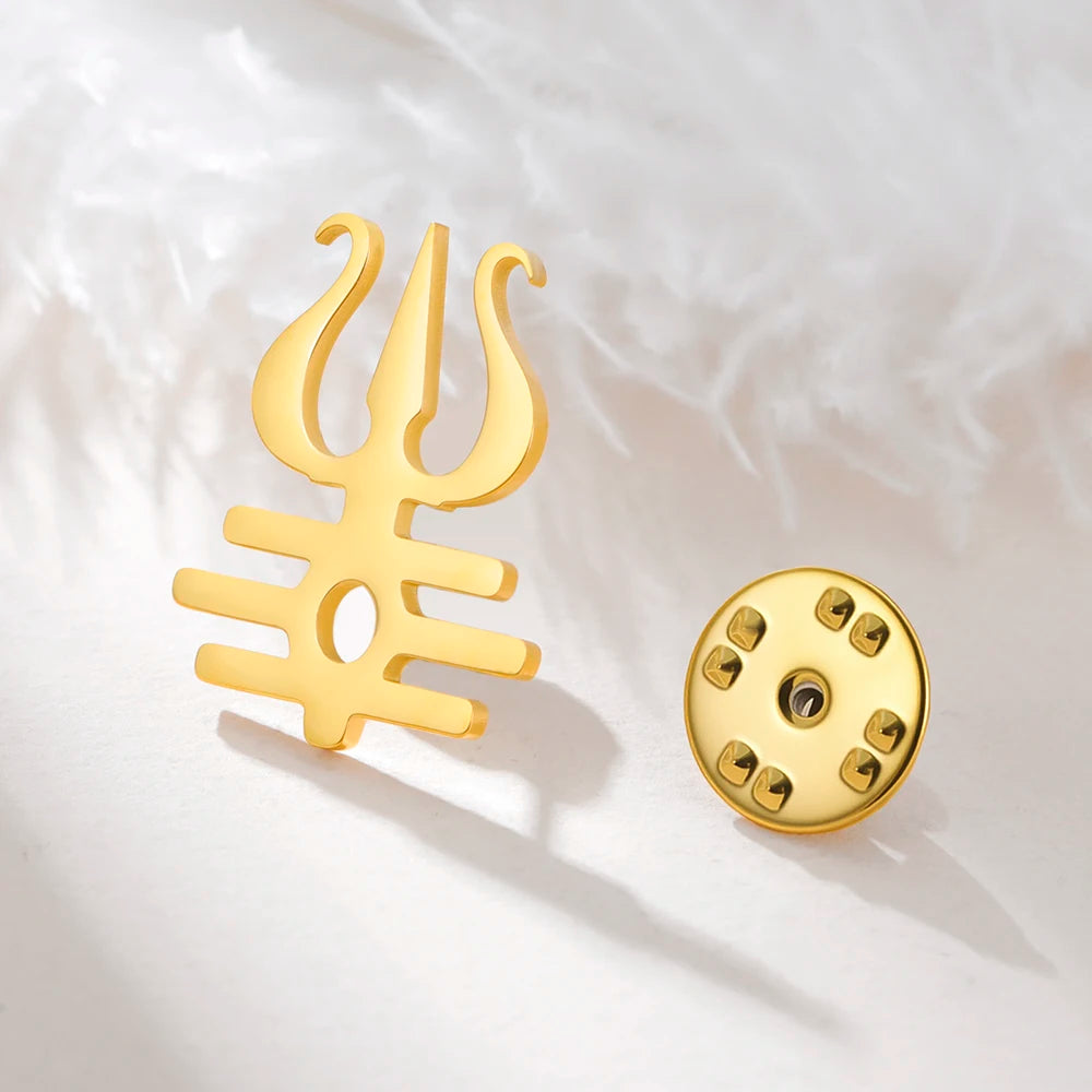 Dawapara Lord Shiva Trident Brooch Mantra Buddhism Hindu God Blessing Symbol Lapel Pins Stainless Steel Jewelry