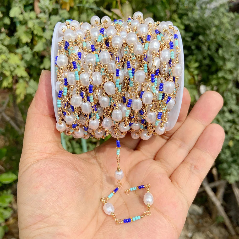 Colorful Evil Eye Beads Chains Stainless Steel Link Pearl Beaded Chains Turkey Eye Link Chain for Necklace Making Jewelry DIY