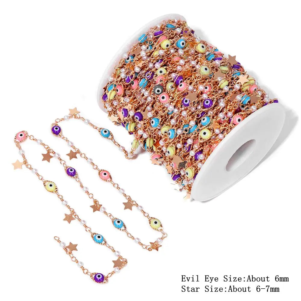 Colorful Evil Eye Beads Chains Stainless Steel Link Pearl Beaded Chains Turkey Eye Link Chain for Necklace Making Jewelry DIY