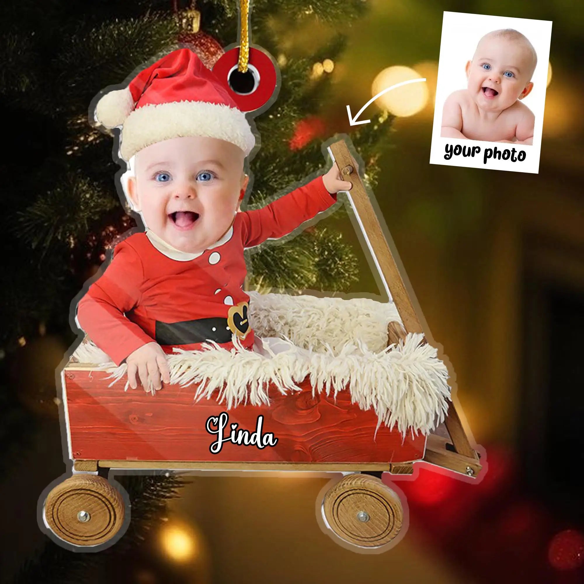 Christmas Car Ornament with Baby Photo, Personalized Name & Custom Text, Festive Holiday Hanging Decoration Keepsake