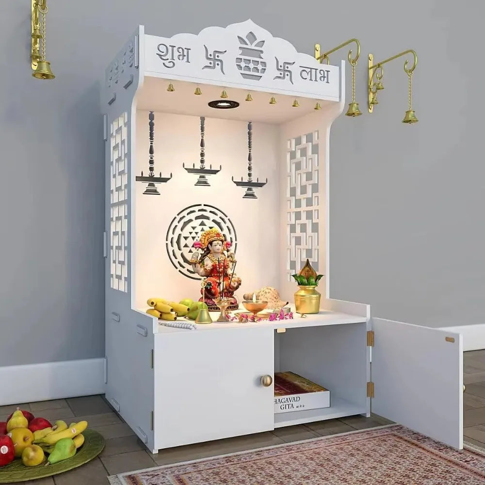 Trading World Wooden Temple Mandir Offers Spacious Built-in Shelf Focusing Lights for Families
