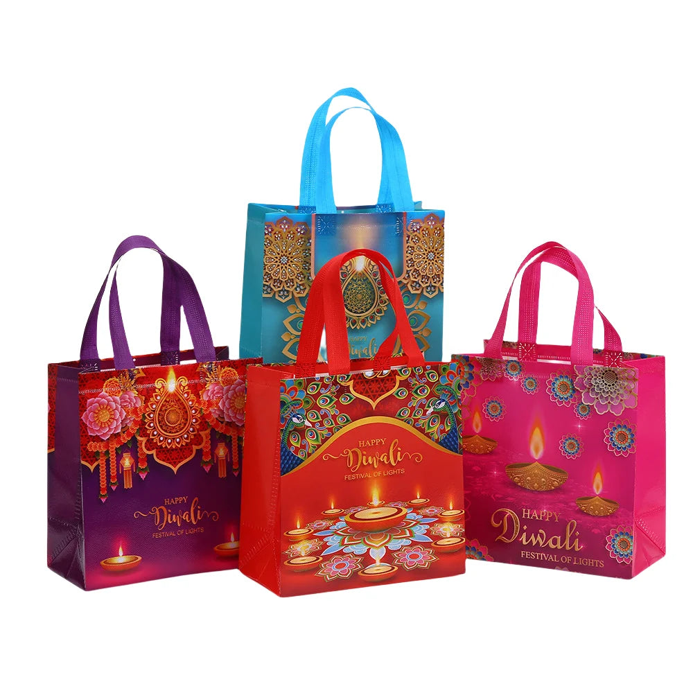 LPZHI Happy Diwali Festival of Lights Nonwoven Gift Tote Bag with Colorful Diya Print for Party Favors Return Gifts