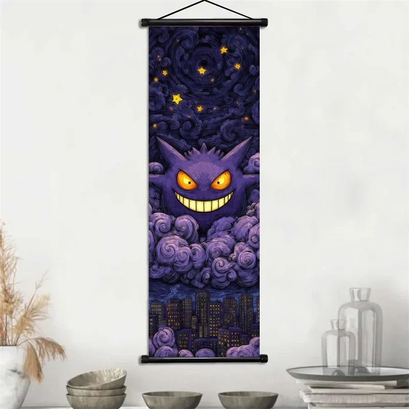 Pokemon Gengar Scroll Art Cloth Anime Characters Wall Hanging Poster Halloween Xmas Decor Fans Collection Home Gifts