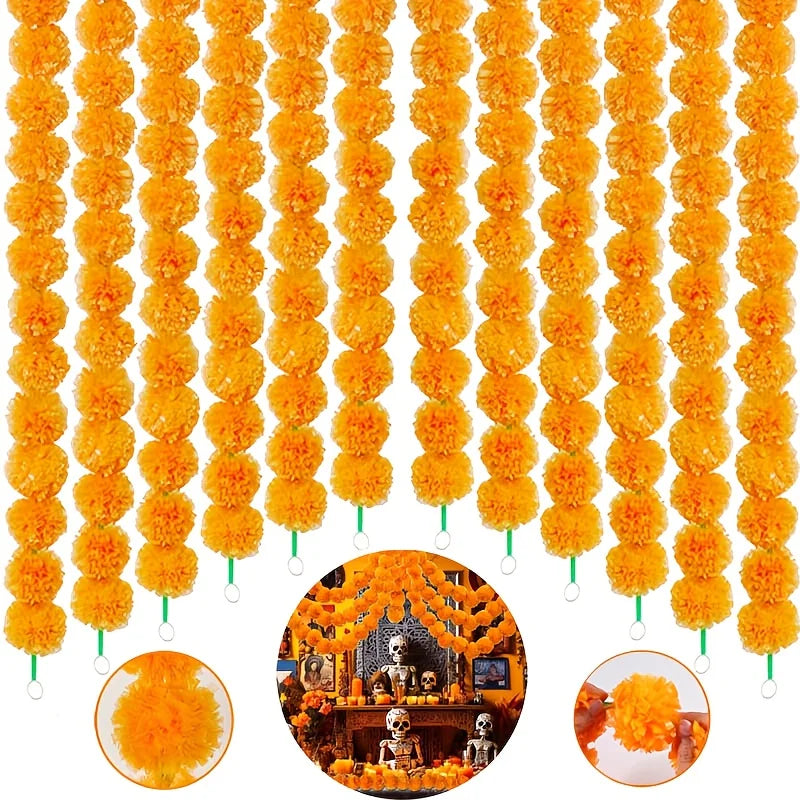 1pcs Marigold Garland for Decoration Artificial Marigold Flower Diwali Indian Wedding Mexico Dia De Los Muertos Halloween Decors
