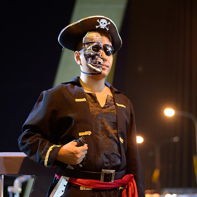 Halloween Pirate Cosplay Party Set Pirate Eye Patches Pirate Flag Skull Print Pirate Captain Costume Cap for Halloween Kids Gift