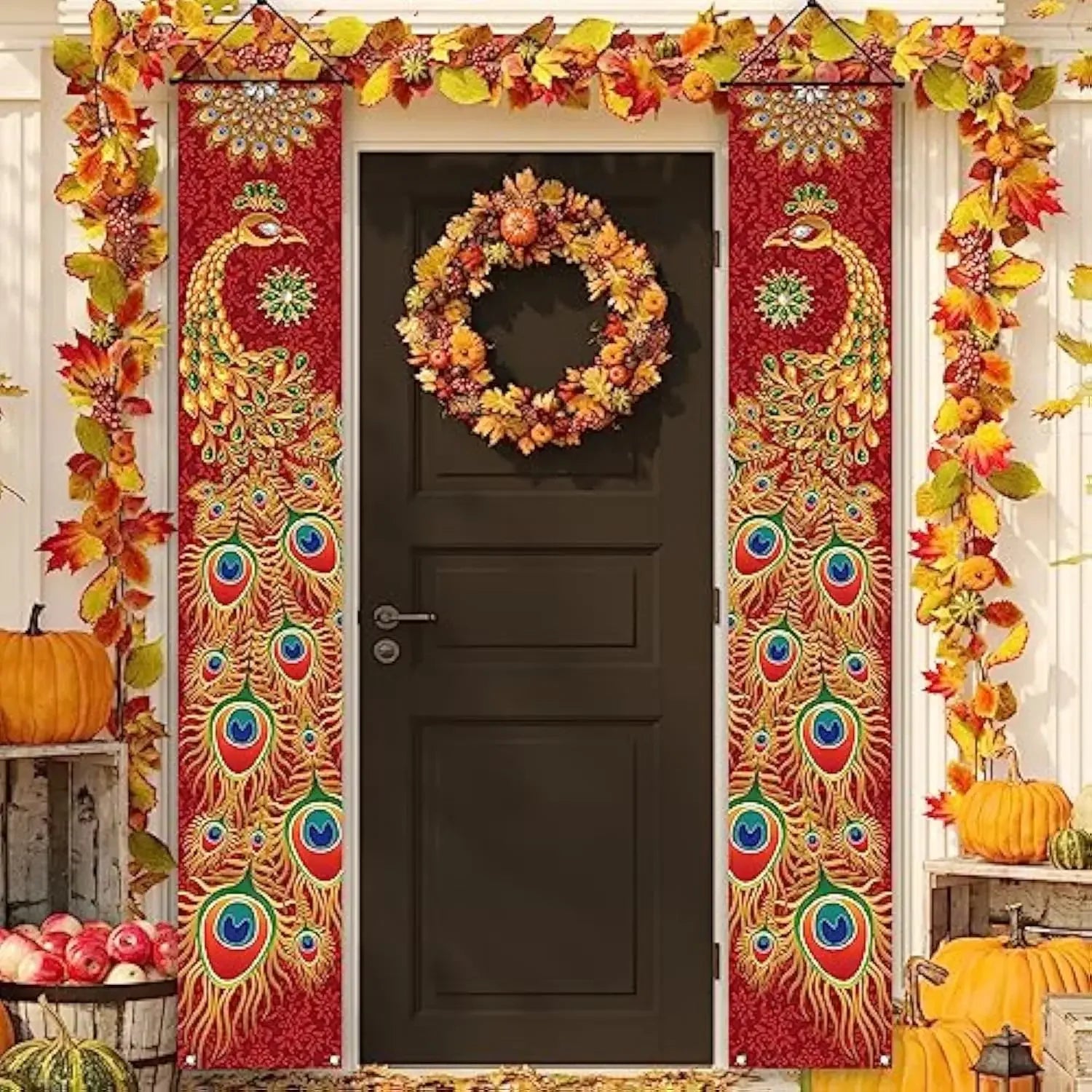 A Pair Of Diwali Porch Banners, Indian Diwali Peacock Front Door Welcome Signs, Party Decorations, Durable Polyester Fibre