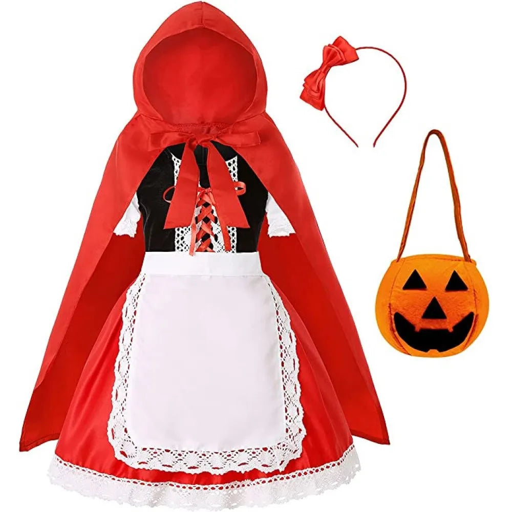 Girls Little Red Riding Hood Cosplay Children's Costume Princess Halloween Dress Headband + Pumpkin Bag Set Dresses for Girls