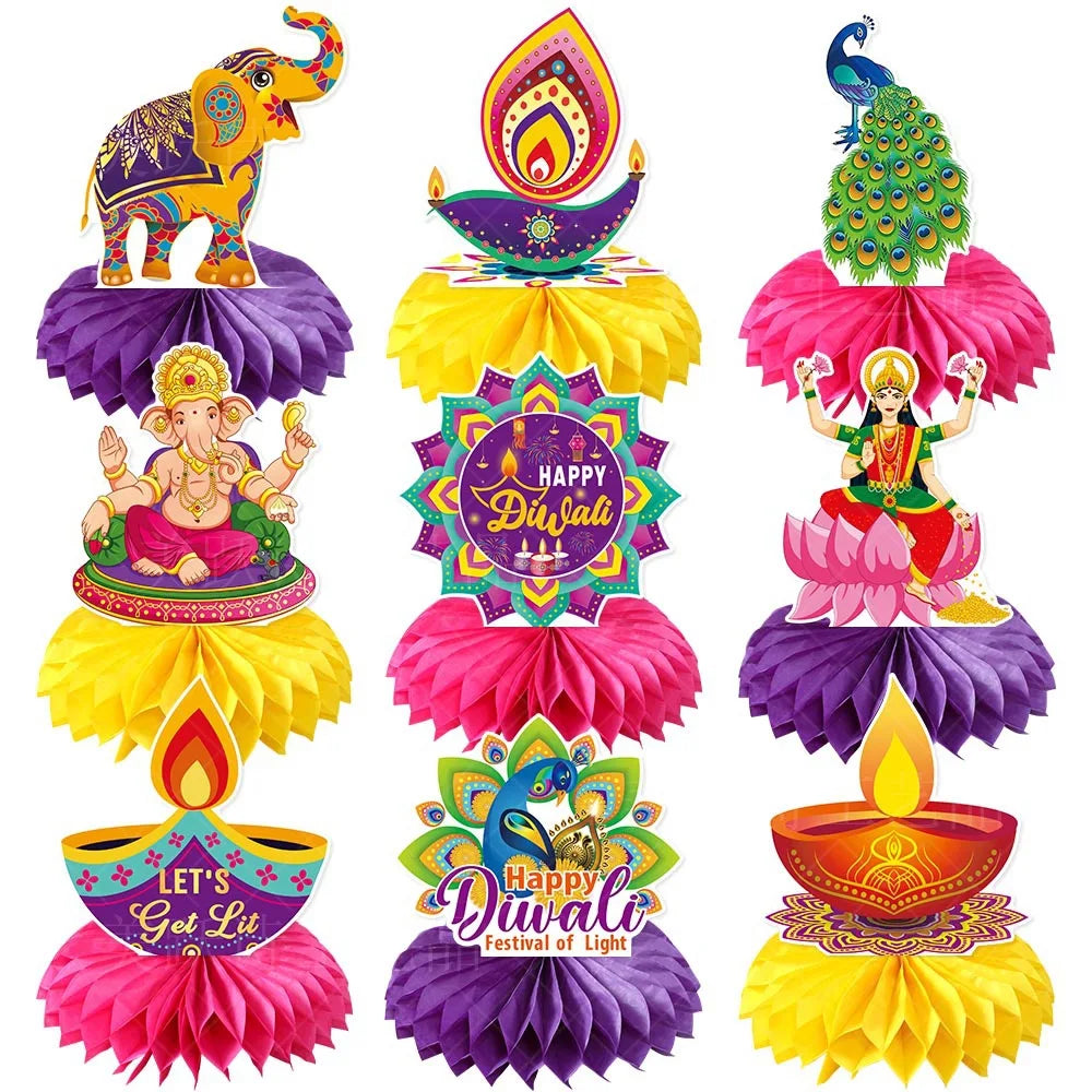 Happy Diwali Party Honeycomb Table Decoration Diwali Elephant Peacock Ornaments Happy Festival of Lights Party Decor