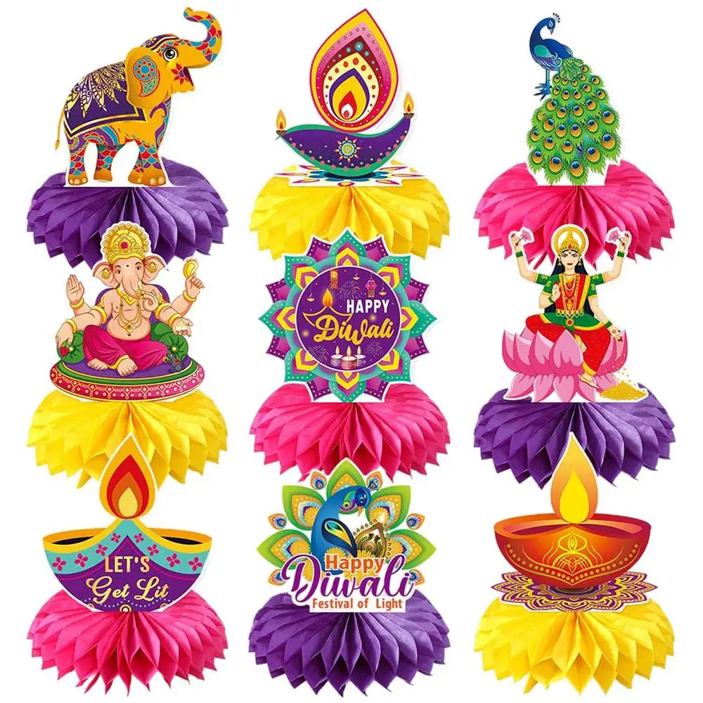 Cutout Decorations for Diwali 9X 3D Paper Crafts Table Topper Double Sided Festive Desktop Ornaments Lights Event Honeycombs for
