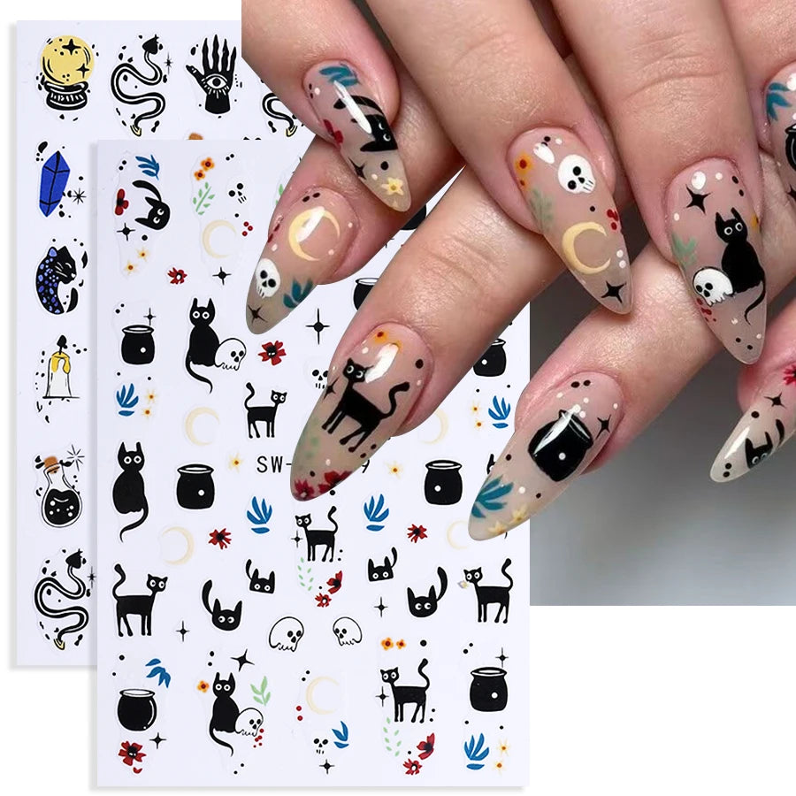 5pcs Halloween Nail Stickers Cartoon Cat Ghost Skull Hand Devil's Eye Snake Design Nail Decals Sliders DIY Manicure Decoration