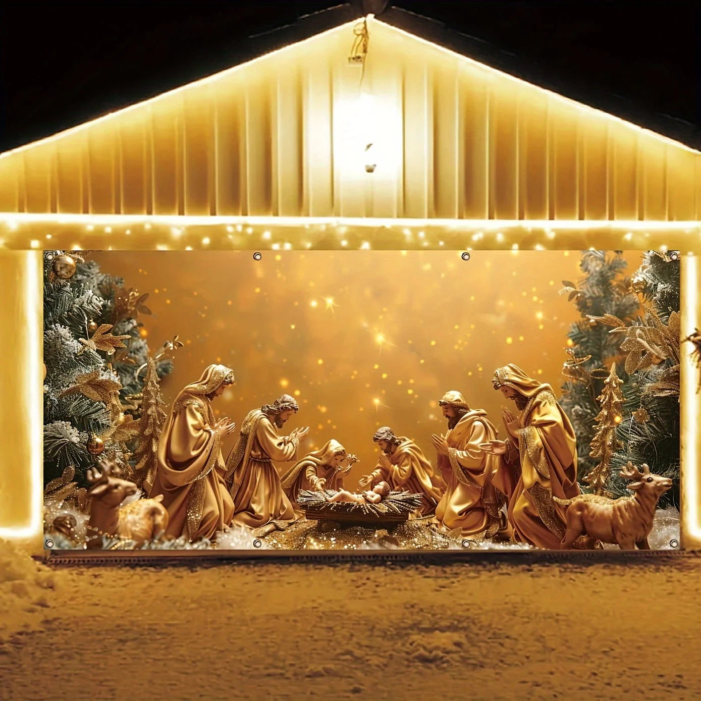 Christmas charm, Nativity scene garage banner - Outdoor holiday wall decoration, polyester background fabric