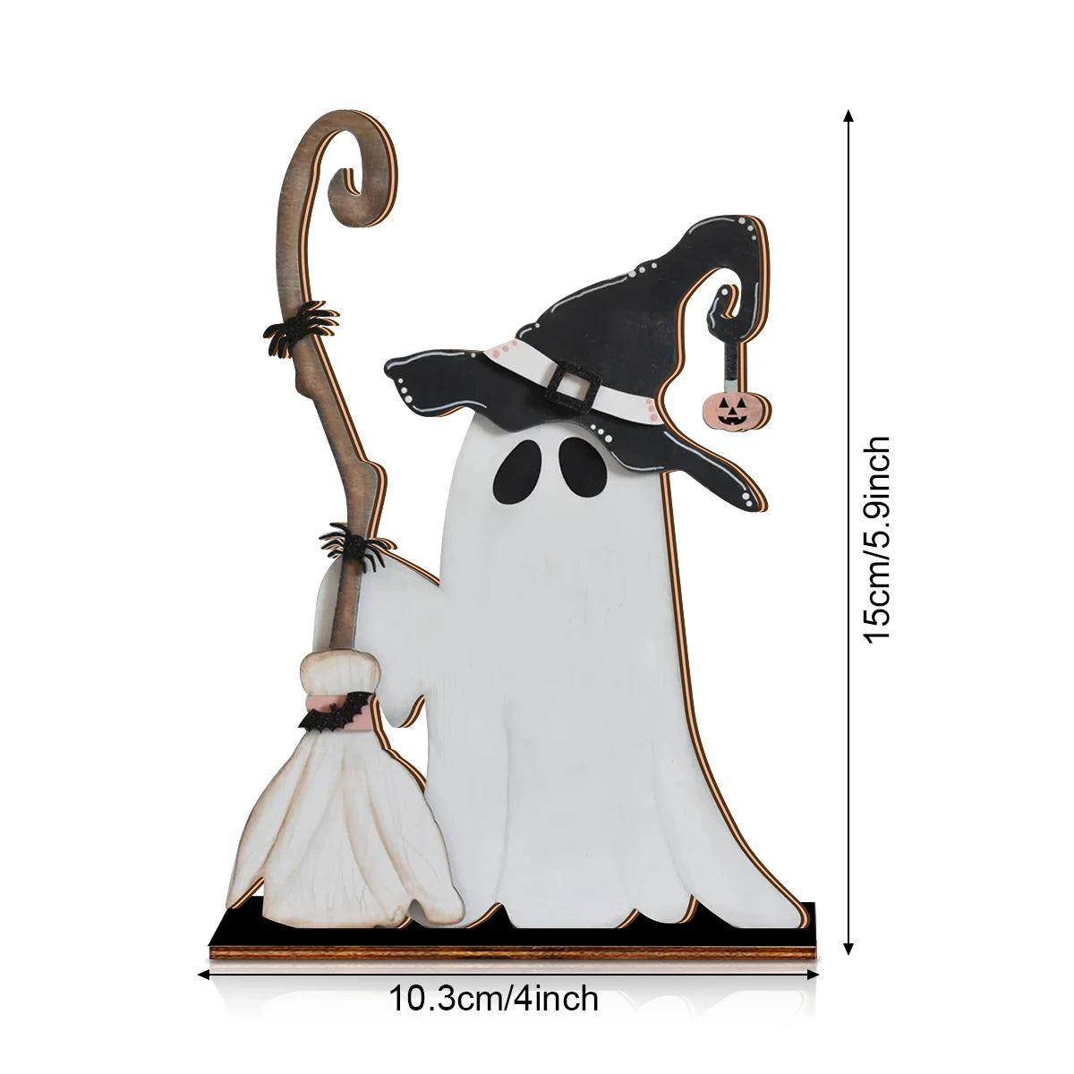 Halloween Decor Wooden Ghost with Witch Hat and Broom - Cute Home Party Ornament