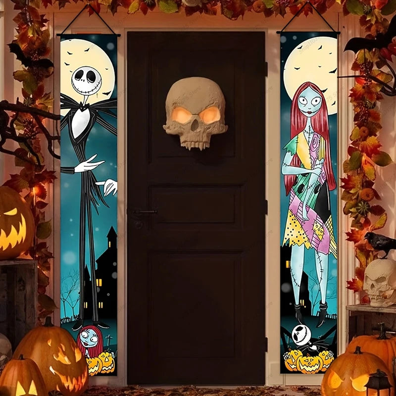 Christmas Nightmare Before Door Banner Jack Sally Porch Signs Couplet for Halloween Party Decorations Outdoor Decor Supplies