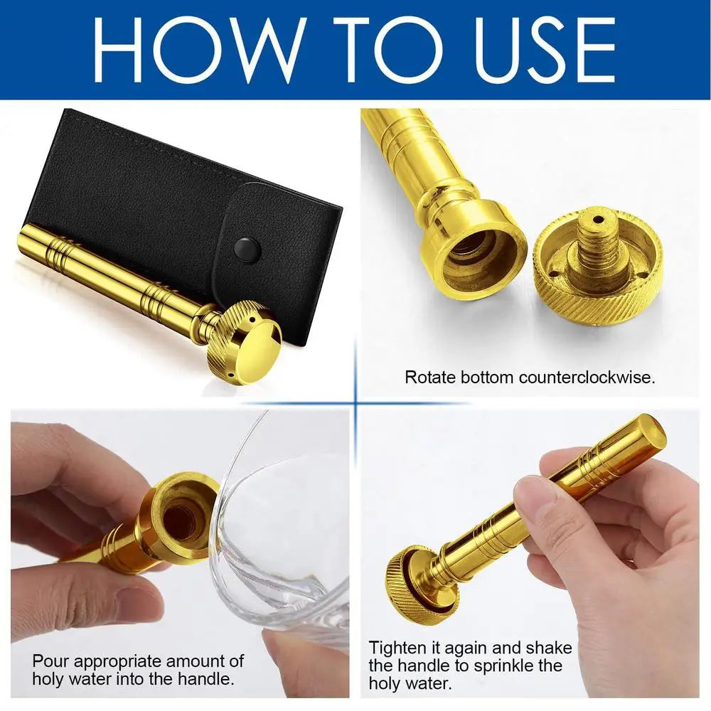 Christian Pocket Holy Water Sprinkler With Leather Storage Bag Religious Copper Holy Water Container Dispenser Travel Sprinkler