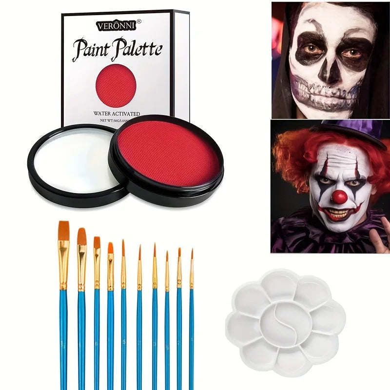 30g Water-Activated Body Makeup Face Paint Set 3-Piece with Brushes Mixing Palette for Halloween Christmas Costume Party Cosplay