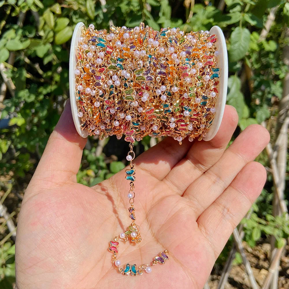 Colorful Evil Eye Beads Chains Stainless Steel Link Pearl Beaded Chains Turkey Eye Link Chain for Necklace Making Jewelry DIY