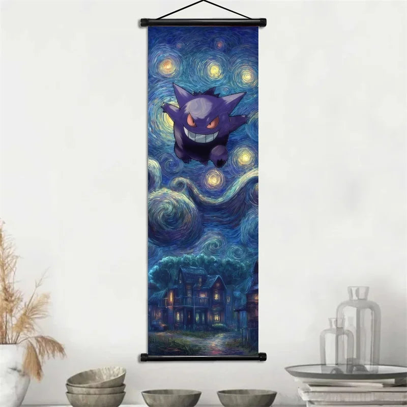 Pokemon Gengar Scroll Art Cloth Anime Characters Wall Hanging Poster Halloween Xmas Decor Fans Collection Home Gifts