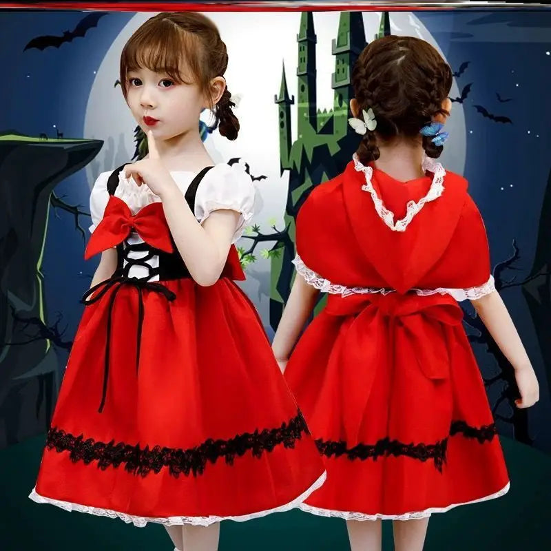 Girls Little Red Riding Hood Cosplay Children's Costume Princess Halloween Dress Headband + Pumpkin Bag Set Dresses for Girls