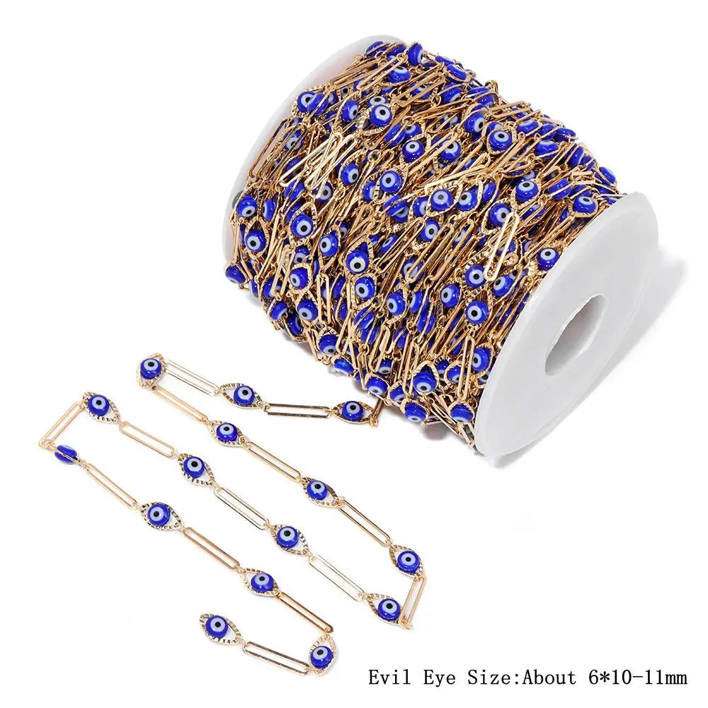 Colorful Evil Eye Beads Chains Stainless Steel Link Pearl Beaded Chains Turkey Eye Link Chain for Necklace Making Jewelry DIY