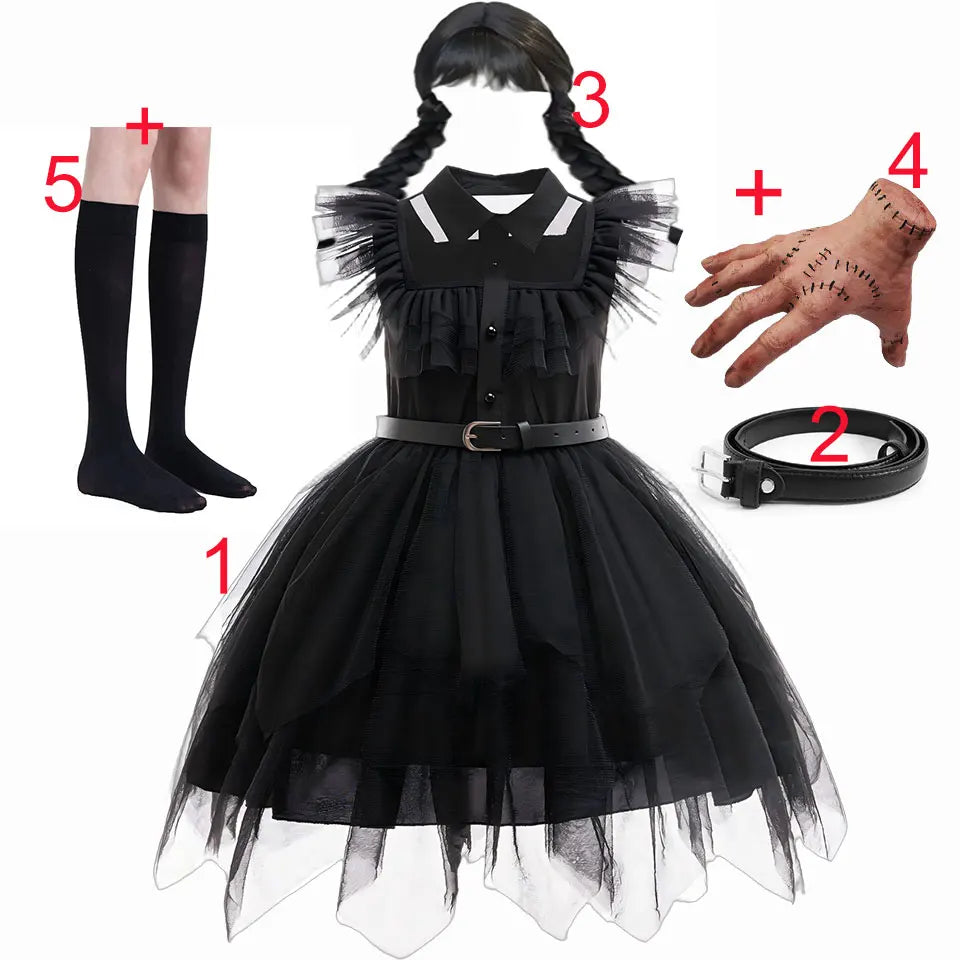 2025 Movie Weirdo Wensday Role Play Costume with Belt Wed. Season 2 Girl Prom Gown Soft Frock Gothic Black Adams Halloween Dress