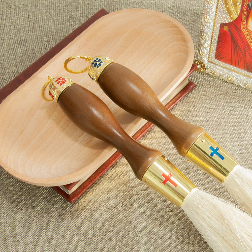 Orthodox Holy Water Brush - 15.4" Zinc Alloy Golden Ornate Design with Gem Accents, Perfect for Baptism, Weddings